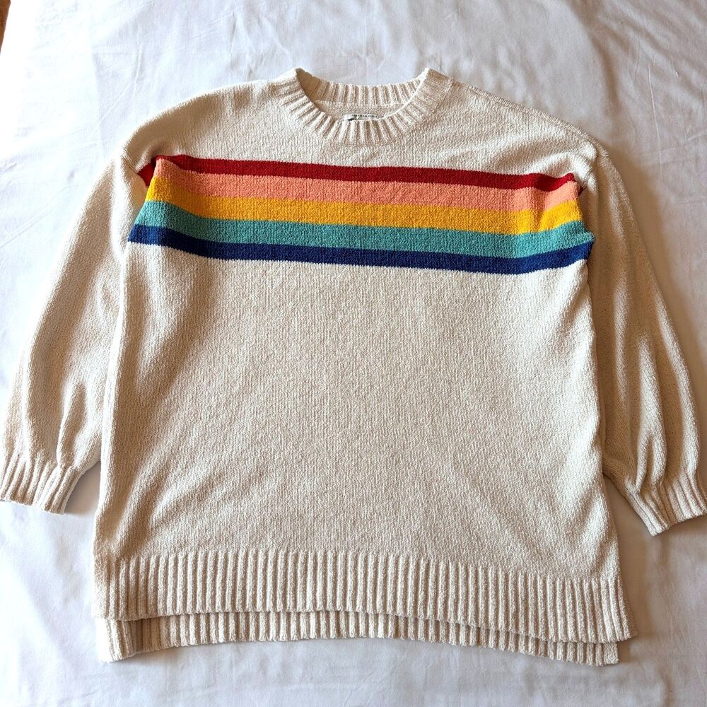 American Eagle Rainbow Striped Chenille Sweater Womens XS/S Plush Knit Cream